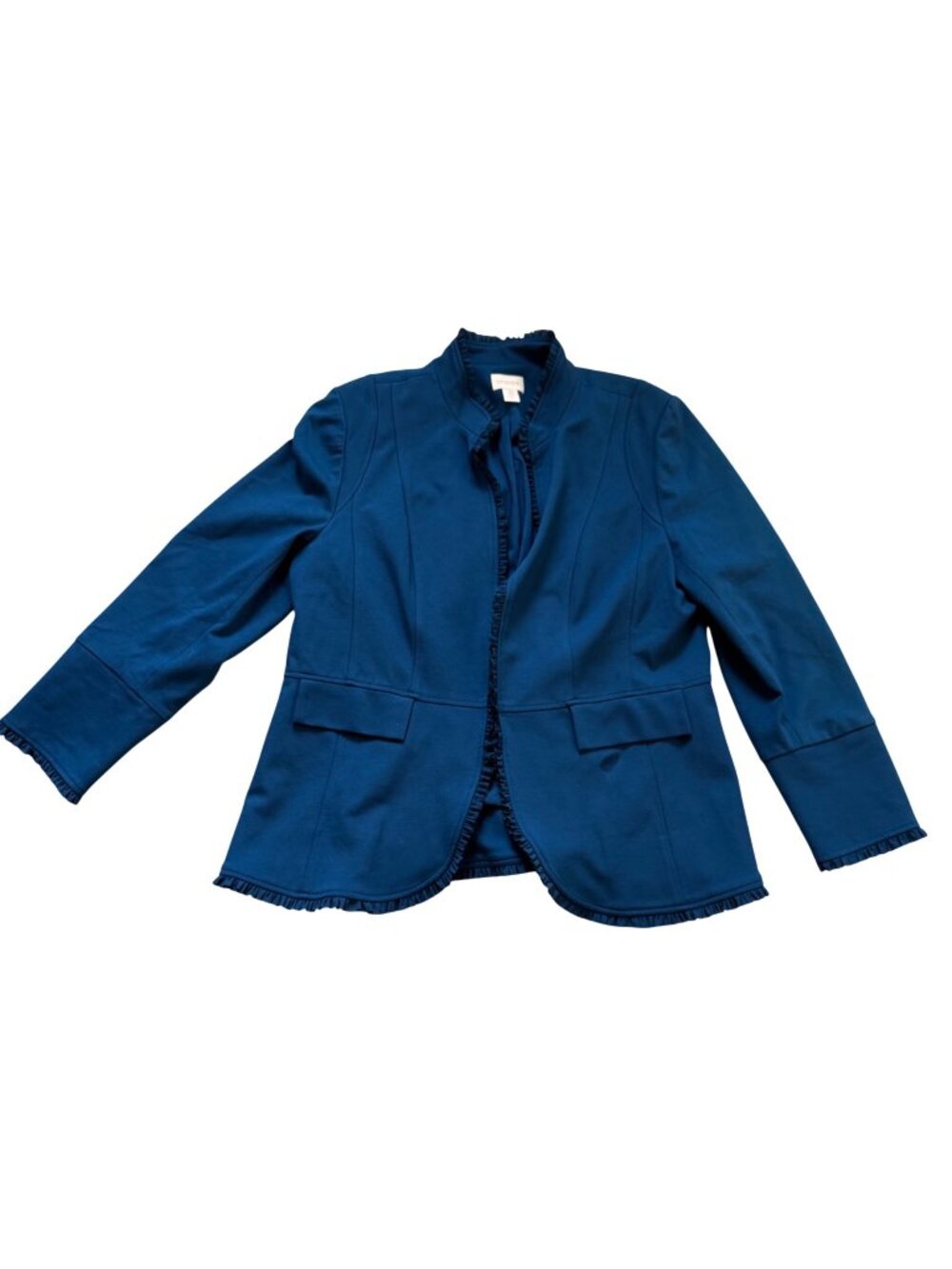 Chico's Blue RuffleTrim Baroque Open Front Blazer Jacket Size 3